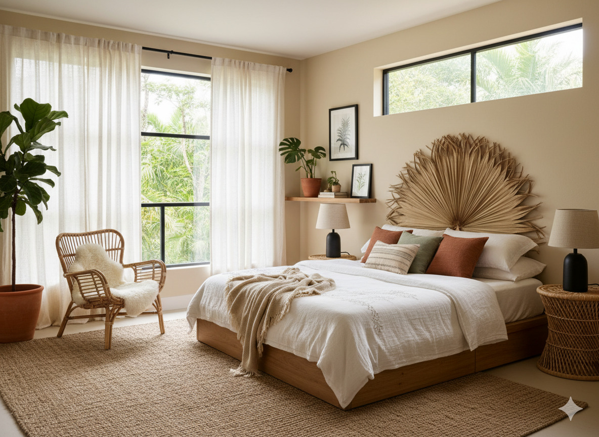 Dormitorio con estilo minimalista tropical
